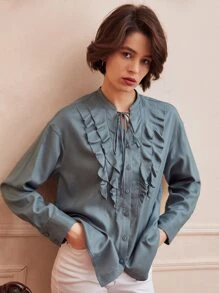 SHEIN Unity Lyocell Ruffle Trim Blouse - Dusty Blue - View 9