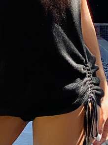 Swim Vcay Summer Beach Drawstring Side Backless Cover Ups - Black - View 4