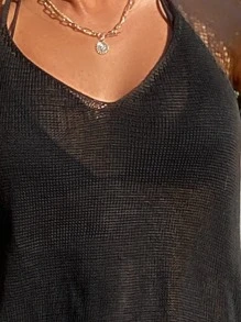 Swim Vcay Summer Beach Drawstring Side Backless Cover Ups - Black - View 5