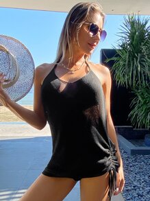 Swim Vcay Summer Beach Drawstring Side Backless Cover Ups - Black - View 6
