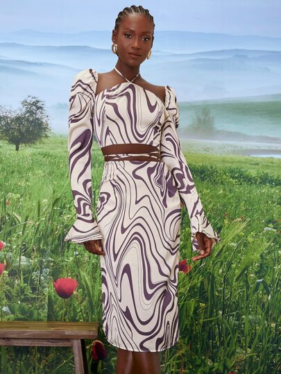 SHEINNeu 大理石圖案腰部綁帶上衣和裙子套裝