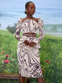 SHEINNeu 大理石圖案腰部綁帶上衣和裙子套裝 - 彩色 - 查看 4