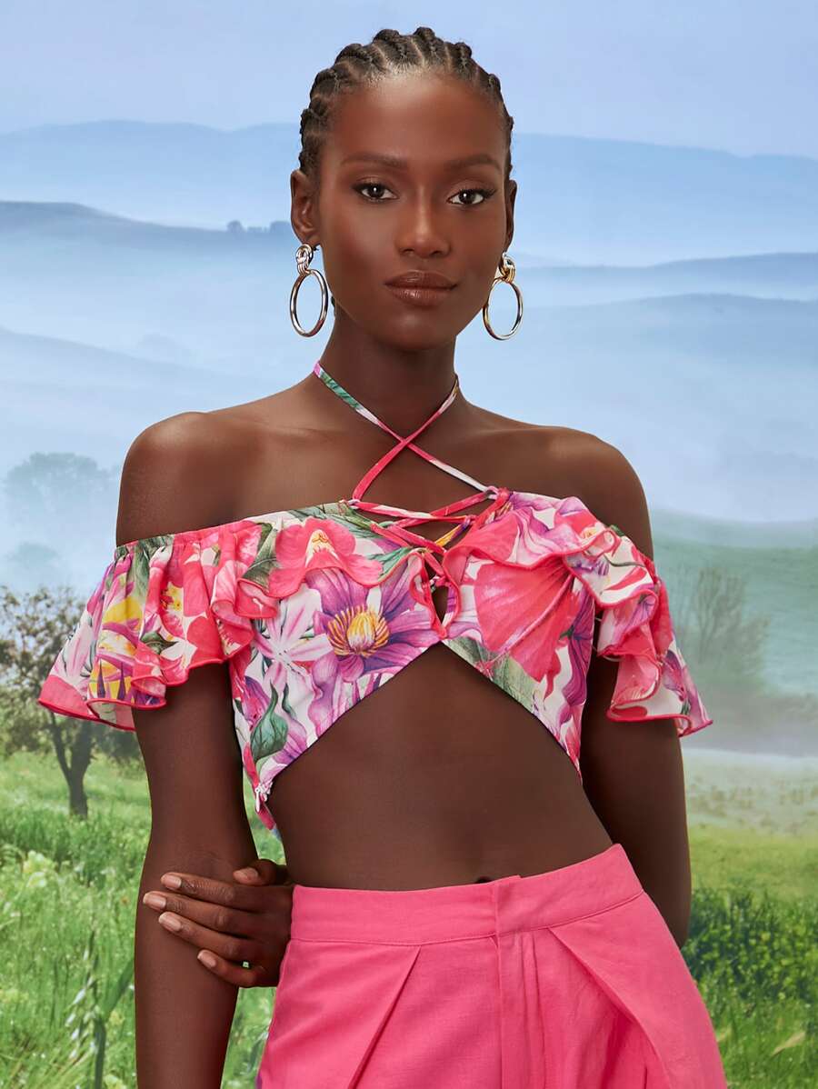 SHEINNeu Áo nữ Bất đối xứng Hội Chữ thập Xù Hoa Boho - Nhiều màu - Xem 1