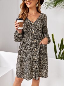 SHEIN Maternity Bishop Sleeve Pocket Front Leopard Dress - Multicolor - View 1