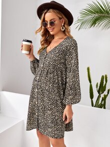SHEIN Maternity Bishop Sleeve Pocket Front Leopard Dress - Multicolor - View 5