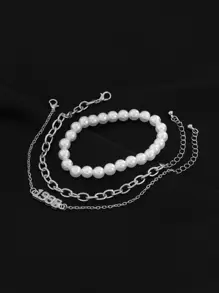 3入組男士假珍珠裝飾手鍊 - 銀色 - 查看 2