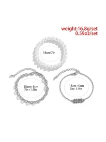 3入組男士假珍珠裝飾手鍊 - 銀色 - 查看 3