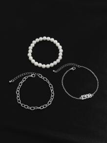 3入組男士假珍珠裝飾手鍊 - 銀色 - 查看 4