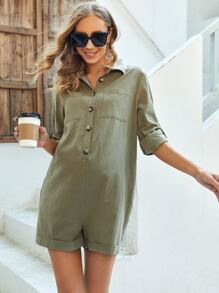 SHEIN 孕婦翻領口袋細節前紐扣連身短褲 - 軍綠色 - 查看 1