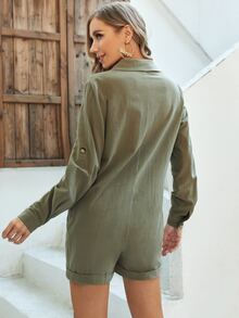 SHEIN 孕婦翻領口袋細節前紐扣連身短褲 - 軍綠色 - 查看 2