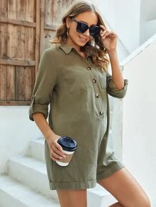 SHEIN 孕婦翻領口袋細節前紐扣連身短褲 - 軍綠色 - 查看 4