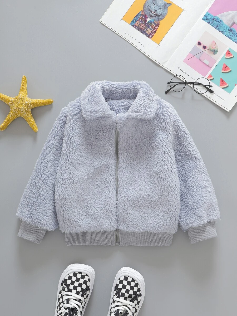 Toddler Girls Zipper Fuzzy Coat - Light Grey - View 1