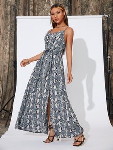 蛇紋高衩腰帶吊帶連衣裙 - 彩色 - 查看 6