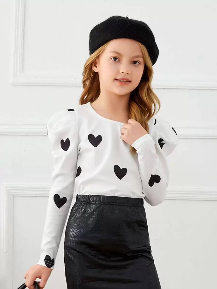 SHEIN 青少女心形印花大袖t恤 - 白色 - 查看 1