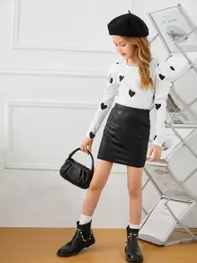 SHEIN 青少女心形印花大袖t恤 - 白色 - 查看 3