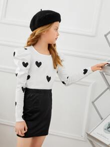 SHEIN 青少女心形印花大袖t恤 - 白色 - 查看 4