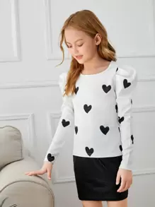 SHEIN 青少女心形印花大袖t恤 - 白色 - 查看 5