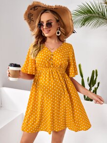 SHEIN Váy Bà bầu Nút phía trước Chấm bi Boho - Màu vàng - Xem 1