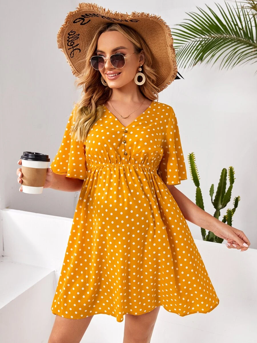 SHEIN Váy Bà bầu Nút phía trước Chấm bi Boho - Màu vàng - Xem 1