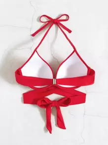 SHEIN Swim 2025 女士纯色吊带性感比基尼上衣，配有聚拢钢圈，海滩度假夏季 - 紅色 - 查看 2