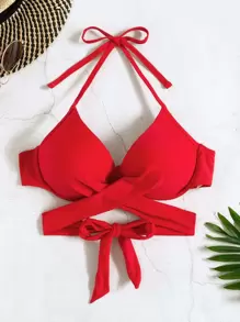 SHEIN Swim 2025 女士纯色吊带性感比基尼上衣，配有聚拢钢圈，海滩度假夏季 - 紅色 - 查看 3