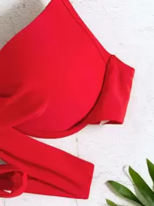 SHEIN Swim 2025 女士纯色吊带性感比基尼上衣，配有聚拢钢圈，海滩度假夏季 - 紅色 - 查看 4