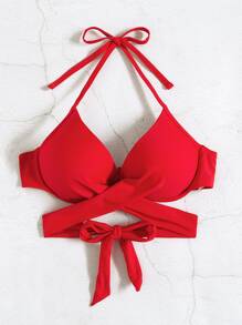 SHEIN Swim 2025 女士纯色吊带性感比基尼上衣，配有聚拢钢圈，海滩度假夏季 - 紅色 - 查看 5