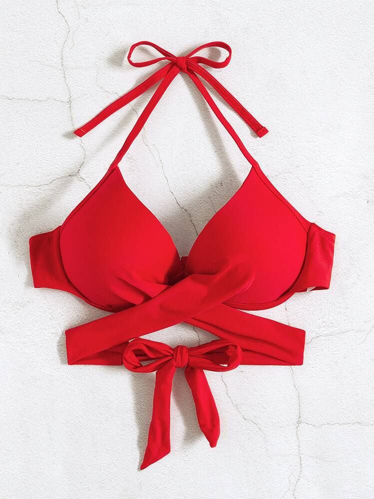 SHEIN Swim 2025 女士纯色吊带性感比基尼上衣，配有聚拢钢圈，海滩度假夏季 - 紅色 - 查看 5