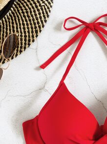 SHEIN Swim 2025 女士纯色吊带性感比基尼上衣，配有聚拢钢圈，海滩度假夏季 - 紅色 - 查看 6