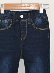 中性街頭休閒彈性腰貓鬚寬鬆牛仔褲，帶平口袋 - 深色水洗藍 - 查看 3