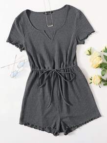 SHEIN EZwear Plus Notched Neck Drawstring Waist Waffle Knit Romper