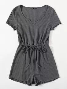 SHEIN EZwear Plus Notched Neck Drawstring Waist Waffle Knit Romper
