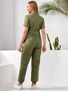SHEIN Maternity Drawstring Waist Cuffed Sleeve Shirt Jumpsuit - Army Green - View 2