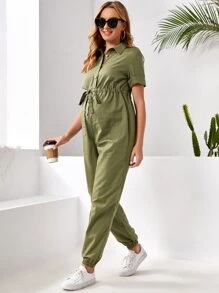SHEIN Maternity Drawstring Waist Cuffed Sleeve Shirt Jumpsuit - Army Green - View 3