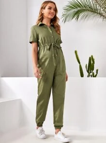 SHEIN Maternity Drawstring Waist Cuffed Sleeve Shirt Jumpsuit - Army Green - View 4