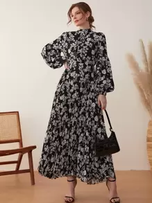Seusyu Floral Print Lantern Sleeve Pleated Modest Long Sleeve Dress - Black and White - View 1