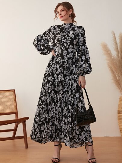 Seusyu Floral Print Lantern Sleeve Pleated Modest Long Sleeve Dress