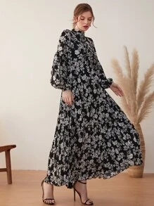Seusyu Floral Print Lantern Sleeve Pleated Modest Long Sleeve Dress - Black and White - View 4