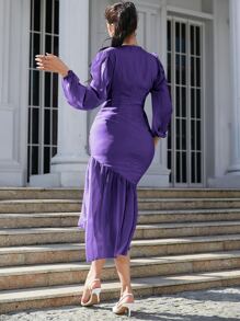 Modelyn Solid Surplice V Neck Ruched Ruffle Hem Dress - Purple - View 2