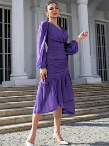 Modelyn Solid Surplice V Neck Ruched Ruffle Hem Dress - Purple - View 6
