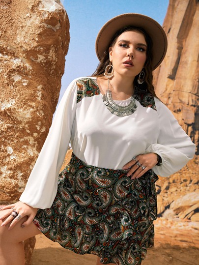 SHEIN VCAY Plus Paisley Print Lantern Sleeve Top & Wrap Ruffle Hem Skirt Set