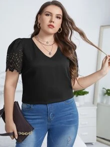 SHEIN Clasi Plus Laser Cut Puff Sleeve Blouse - Black - View 1
