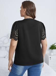 SHEIN Clasi Plus Laser Cut Puff Sleeve Blouse - Black - View 2