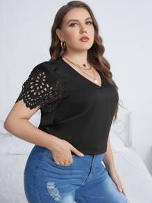 SHEIN Clasi Plus Laser Cut Puff Sleeve Blouse - Black - View 3