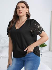 SHEIN Clasi Plus Laser Cut Puff Sleeve Blouse - Black - View 4