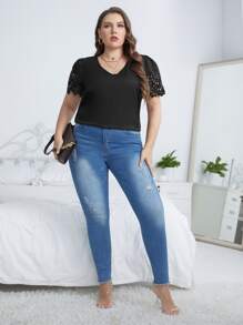 SHEIN Clasi Plus Laser Cut Puff Sleeve Blouse - Black - View 5