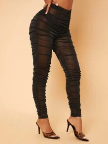 SHEIN SXY Ruched Glitter Leggings - Black - View 5
