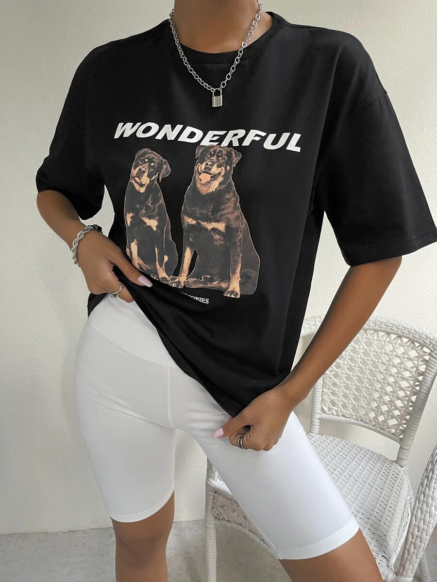 Drop Shoulder Letter & Cartoon Pattern Tee - Black - View 1