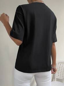 Drop Shoulder Letter & Cartoon Pattern Tee - Black - View 2