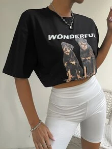 Drop Shoulder Letter & Cartoon Pattern Tee - Black - View 3